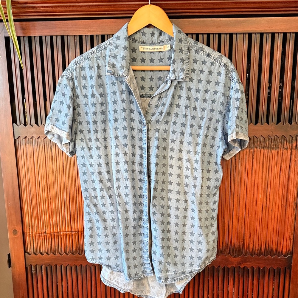 Chambray Star Print Button-Down Shirt